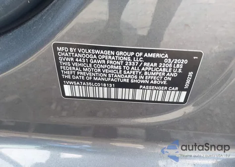 2020 Volkswagen Passat 2.0T Se из США, поврежденный, VIN 1VWSA7A35LC018131